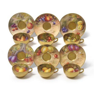 Lot 19 - A Matched Set of Six Royal Worcester Porcelain Cabinet Cups and Saucers, 20th century, painted with
