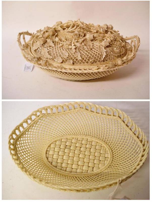 Lot 37 - A Belleek Porcelain Twin-Handled Oval Basket and Cover, late 19th century, with crabstock...