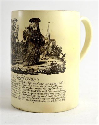 Lot 51 - A Creamware Mug, circa 1770, of cylindrical form, with strap handle, printed in black with THE...
