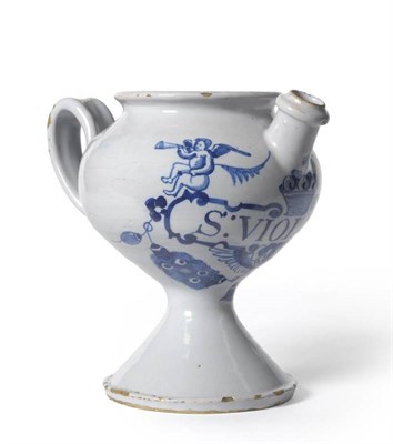 Lot 53 - An English Delft Drug Jar, early 18th century, of globular form with cylindrical spout, on tall...