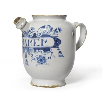 Lot 54 - An English Delft Wet Drug Jar, mid 18th century, of ovoid form with cylindrical spout, painted...