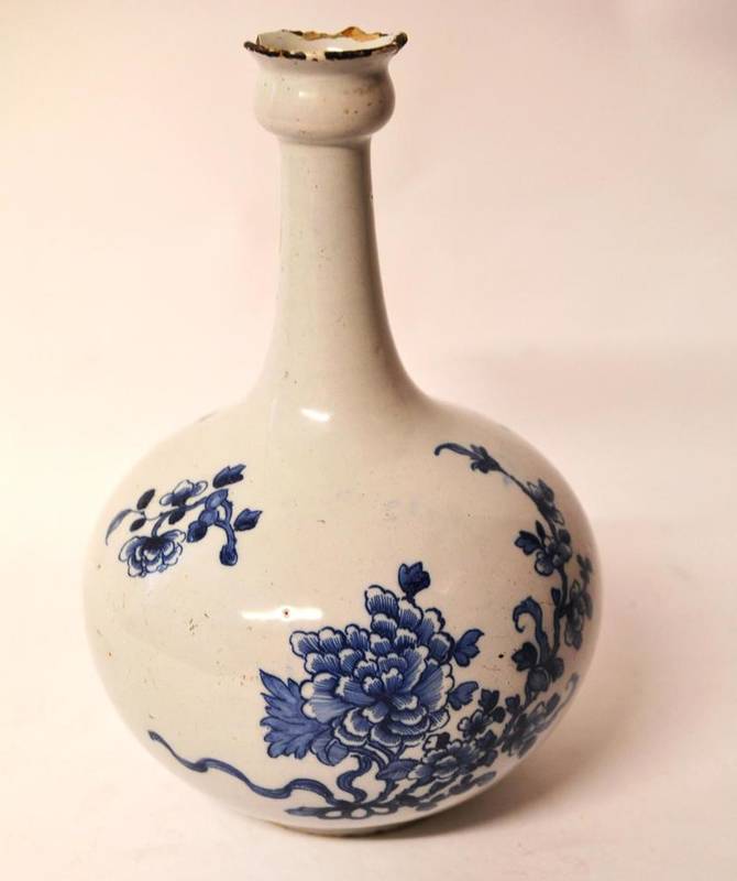 Lot 56 - A Liverpool Delft Gugglet, circa 1760, with garlic neck, painted in blue with ribbon tied peony and