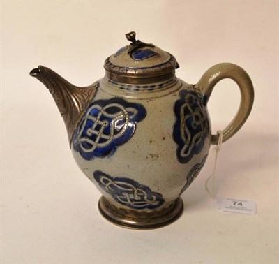 Lot 74 - A Silver Mounted Rhenish Saltglazed Stoneware Teapot and Cover, the silver by John Wilmin Figg,...