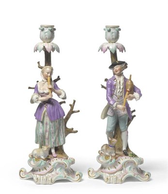 Lot 78 - A Pair of Meissen Porcelain Candlestick Figures, late 19th century, as the musical shepherd and...