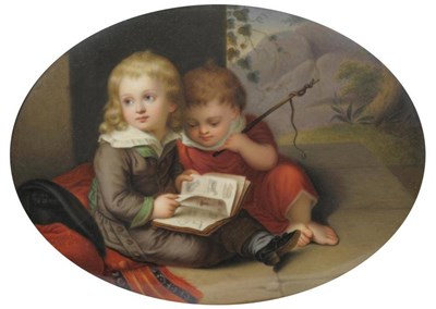 Lot 83 - A KPM Berlin Porcelain Plaque, circa 1860, painted with two children sitting on a stone step...