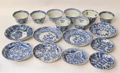 Lot 123 - A Matched Pair of Chinese Porcelain Tea Bowls and Saucers, Kangxi, painted in underglaze blue...