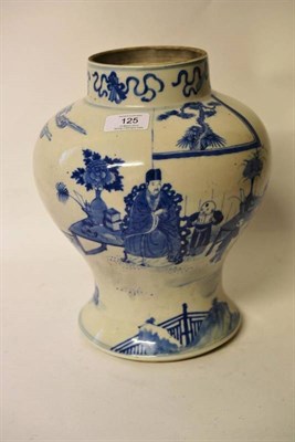 Lot 125 - A Chinese Porcelain Baluster Jar, in Kangxi style, painted in underglaze blue with a scholar...