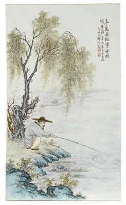 Lot 137 - A Chinese Porcelain Painted Plaque, Chen Men, late 19th/20th century, decorated with a fisherman on