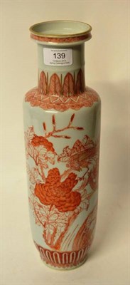 Lot 139 - A Chinese Porcelain Slender Rouleau Vase, bears Kangxi reign mark, painted in iron red and gilt...