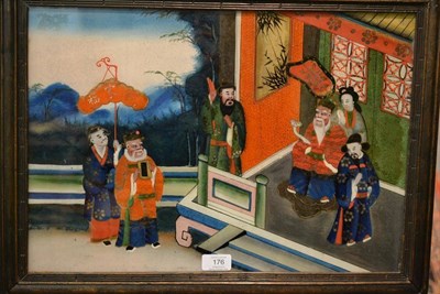 Lot 176 - A Chinese Reverse Painting on Glass, depicting figures on a terrace in a hardwood moulded...