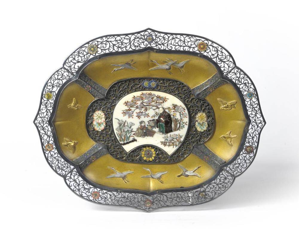 Lot 198 - A Japanese White Metal Mounted Lacquer, Shibayama and Enamel Tray, Meiji period (1868-1912), of...