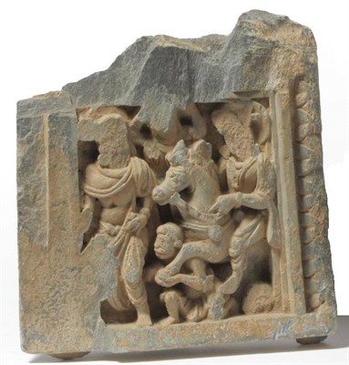 Lot 215 - A Gandhara Schist Panel, 2nd-4th century AD, depicting a horseman, possibly Siddhartha, and various