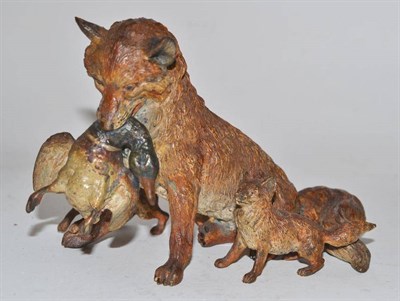 Lot 235 - An Austrian Cold Painted Bronze Group of a Vixen with Two Cubs, naturalistically observed, the...