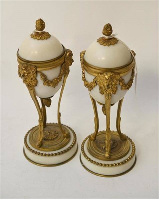 Lot 245 - A Pair of Gilt Metal Mounted White Marble Cassolettes, in Louis XVI style, of ovoid form the...