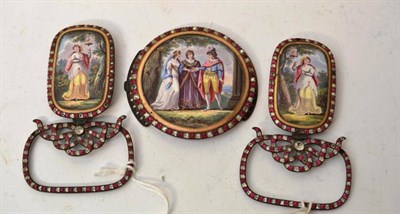 Lot 267 - A Continental Enamel and Paste Set Three Piece Buckle Set, 19th century, comprising circular buckle