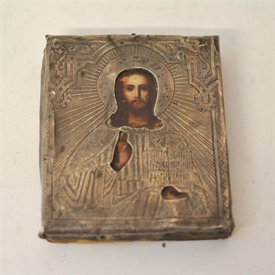 Lot 271 - A Russian Pocket Icon, 19th century, as Christ Pantocrator with engraved silver oklad, 8.5cm by 7cm