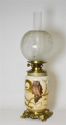 Lot 279 - A Brass Mounted Bonn Pottery Oil Lamp Base, late 19th century, of cylindrical form, painted with an