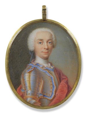 Lot 294 - Continental School (mid 18th century): Miniature Portrait of a Gentleman in Armour, his grey...