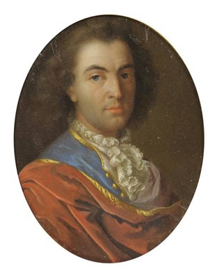 Lot 295 - French School (18th century): Portrait of a Gentleman, with brown hair, wearing ruffled jabot...