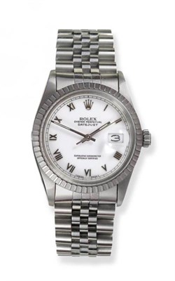 Lot 311 - A Stainless Steel Automatic Centre Seconds Calendar Wristwatch, signed Rolex, Oyster Perpetual,...