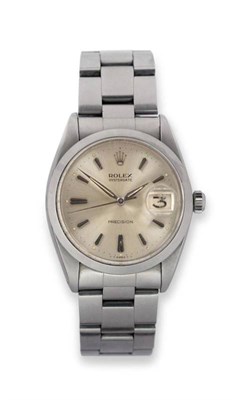 Lot 312 - A Stainless Steel Calendar Centre Seconds Wristwatch, signed Rolex, Oysterdate, Precision, Ref:...