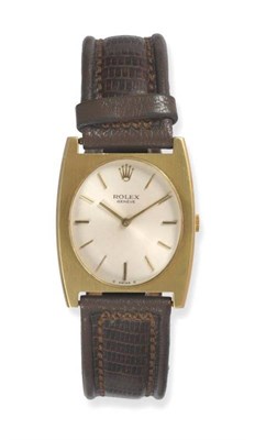 Lot 325 - A 14ct Gold Tonneau Shaped Wristwatch, signed Rolex, 1976, (calibre 1600) lever movement,...