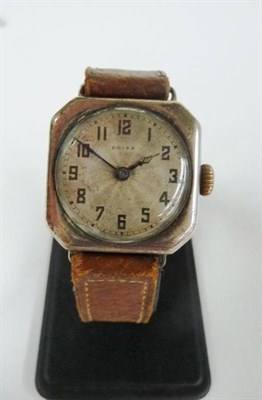 Lot 331 - A Silver Wristwatch, signed Rolex, 1919, lever movement, silvered engine turned dial with...