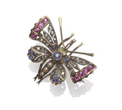 Lot 362 - A Victorian Gem Set Butterfly Brooch, set with rose cut diamonds, rubies, sapphires, demantoid...