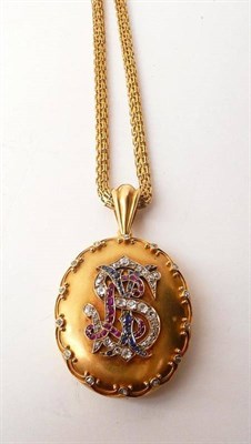 Lot 373 - A Victorian Locket on Chain, the oval locket with overlaid entwined initials 'LIS', inset with...