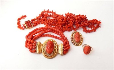 Lot 374 - A Suite of Coral Jewellery, including a long length branch coral necklace with a cluster centre and