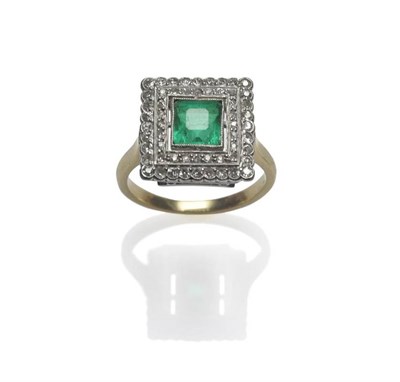 Lot 383 - An Emerald and Diamond Cluster Ring, the square step cut emerald with truncated corners held in...