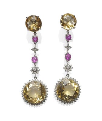 Lot 385 - A Pair of Citrine, Diamond and Pink Sapphire Drop Earrings, each comprising a round cut citrine...