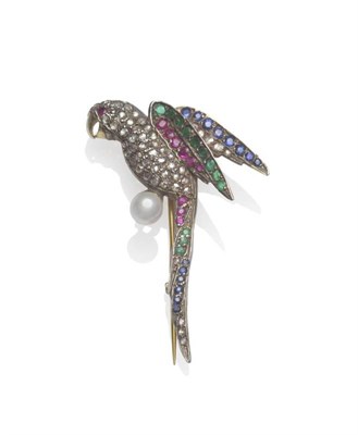 Lot 388 - A Parrot Brooch, the bird with pavé set rose cut diamonds throughout the body, the wings and...