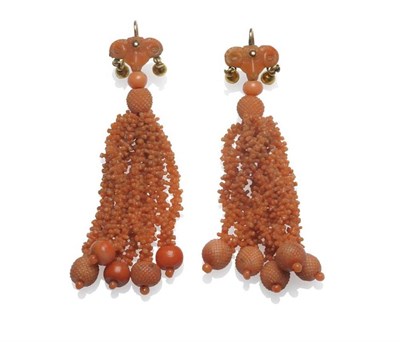 Lot 394 - A Pair of Victorian Coral Drop Earrings, a ram's head motif suspends beads, and strung...