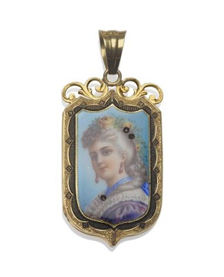 Lot 396 - An Enamelled Locket, the shield shaped locket with scroll surmount, to a shaped pendant loop,...