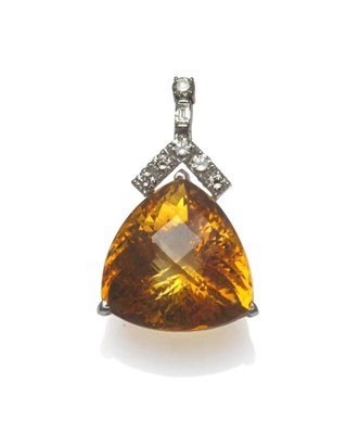 Lot 407 - An 18 Carat White Gold Diamond and Citrine Pendant, a drop of round brilliant cut diamonds and...