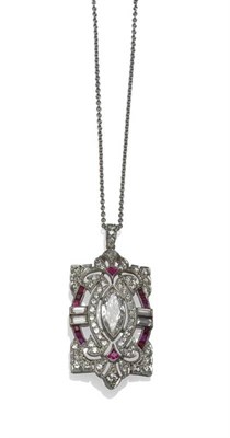 Lot 422 - An Early 20th Century Diamond and Ruby Pendant on Chain, the geometric design comprising a marquise