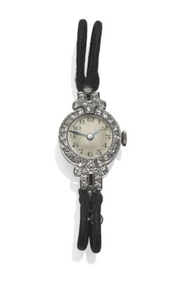 Lot 425 - An Art Deco Lady's Diamond Set Wristwatch, 16-jewel lever movement, silvered dial with black Arabic