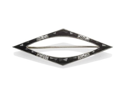 Lot 430 - An Onyx and Diamond Brooch, of diamond shaped outer form, with an open centre, scissor cut onyx...