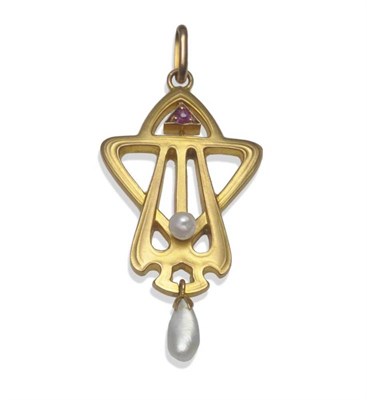 Lot 437 - An Art Nouveau Style Pendant, of entwined form, set with a ruby and a pearl, and a houndstooth...