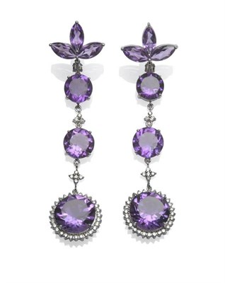 Lot 446 - A Pair of Amethyst and Diamond Drop Earrings, a trio of marquise cut amethysts suspend chain linked