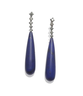 Lot 447 - A Pair of Lapis Lazuli and Diamond Drop Earrings, a string of graduated round brilliant cut...