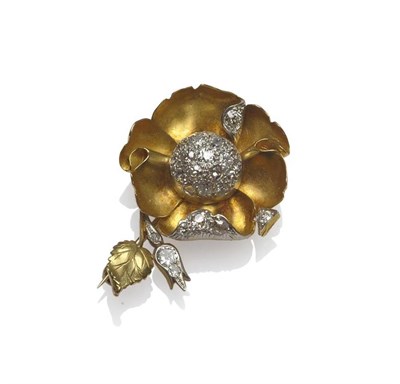 Lot 449 - A Diamond Set Floral Brooch, the bloom modelled with a cluster of old single cut and brilliant...