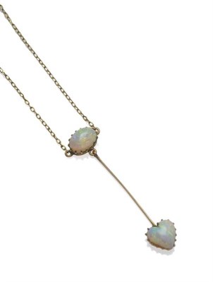 Lot 467 - An Early 20th Century Opal Necklace, an oval cabochon opal suspends a knife edge bar to a heart...