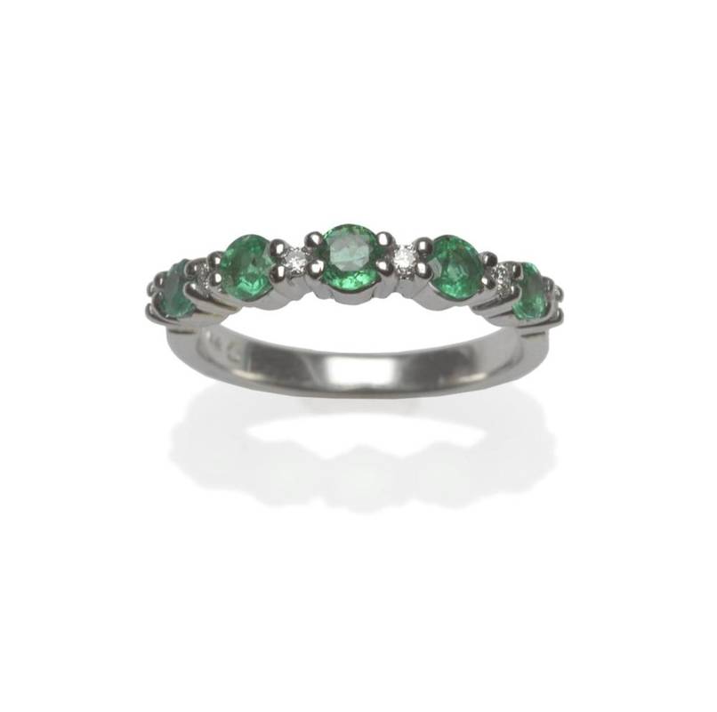 Lot 475 - An Emerald and Diamond Half Eternity Ring, five round cut emeralds alternate with six smaller round