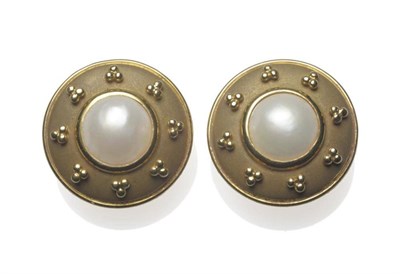 Lot 476 - A Pair of 18 Carat Gold Mabe Pearl Earrings, a central mabe pearl within a yellow matt finish...