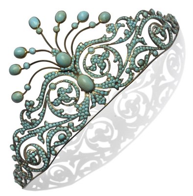 Lot 478 - A Turquoise Set Diadem, of scrolling form, graduated to the centre point, with a spray of...