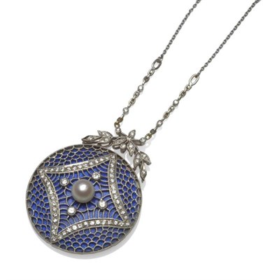 Lot 479 - An Edwardian Necklace, a pendant of diamond set foliate motif above a slightly domed round blue...