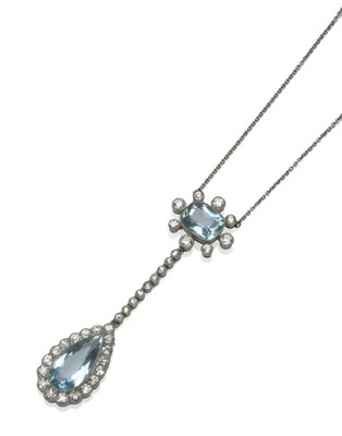 Lot 484 - An Early 20th Century Aquamarine and Diamond Necklace, a cushion cut aquamarine within a spaced...