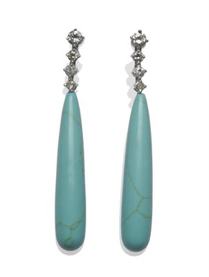 Lot 490 - A Pair of Turquoise and Diamond Drop Earrings, the graduated round brilliant cut diamonds in...